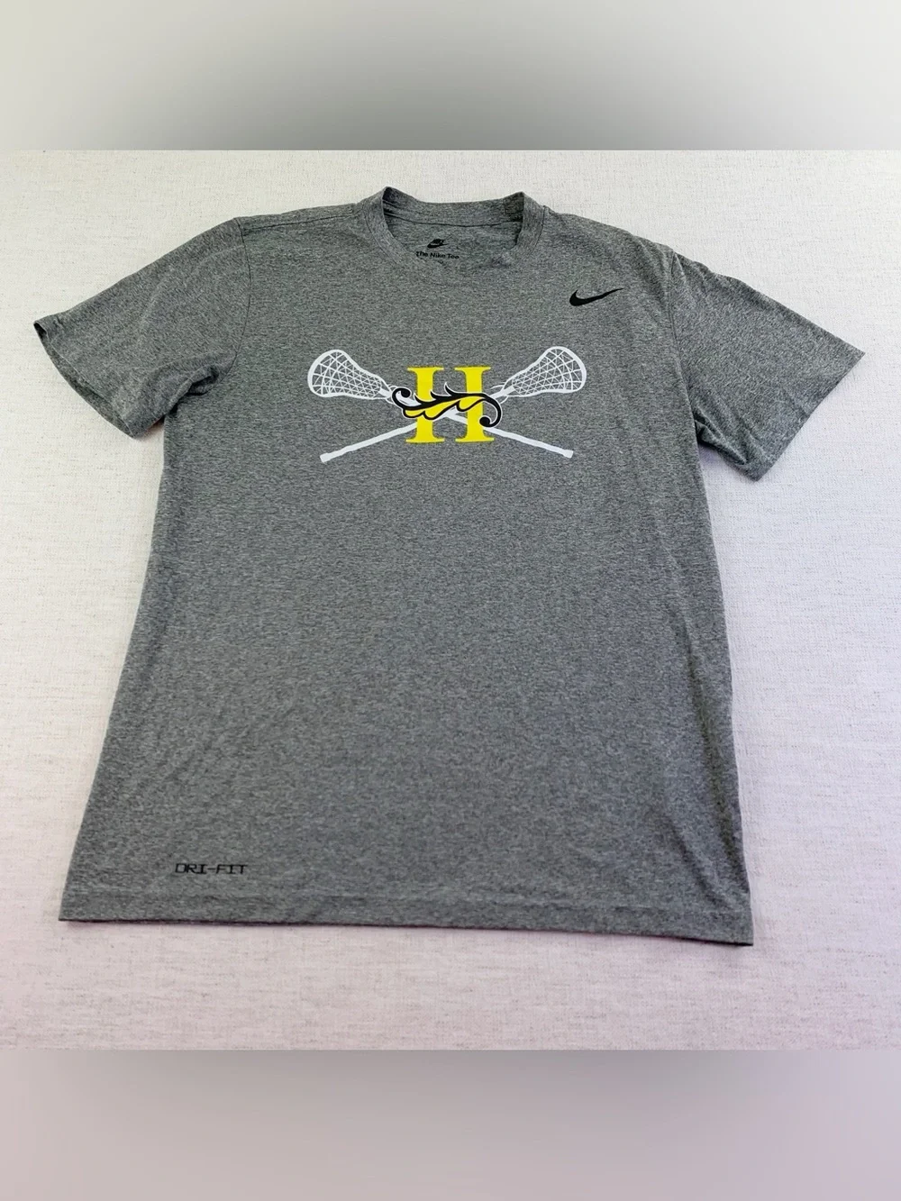 Nike women's Short-Sleeve Dri-FIT Lacrosse Tee with Yellow H active t-shirt gray